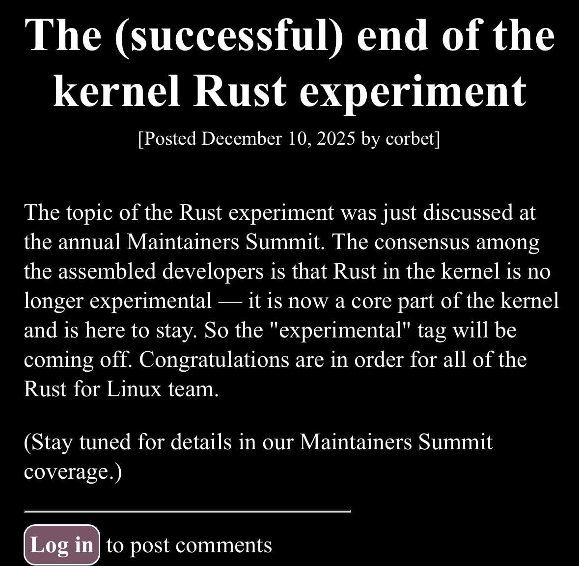 Rust is no more experimental in Linux kernel – /root
